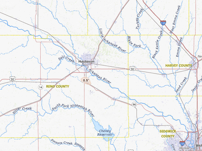 Radar-estimated hail-size map of the storm over Hutchinson, KS on Jul 30, 2026