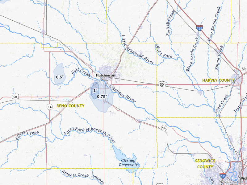NEXRAD radar-signature map of the hail storm over Hutchinson, KS on Jul 30, 2026