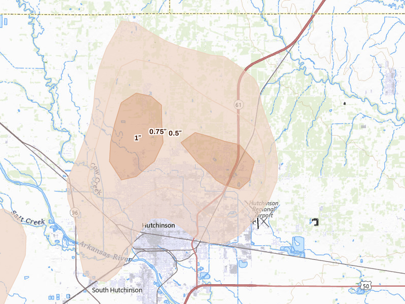 Radar-estimated hail-size map of the storm over Hutchinson, KS on Aug 14, 2026