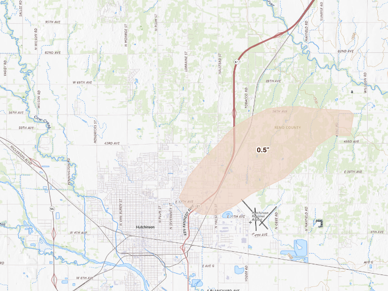 Radar-estimated hail-size map of the storm over Hutchinson, KS