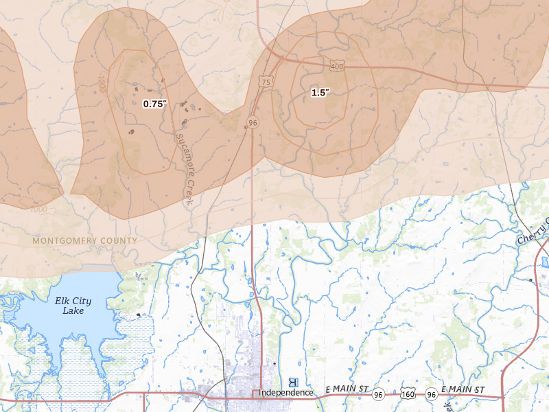 Radar-estimated hail-size map of the storm over Independence, KS on Apr 17, 2026