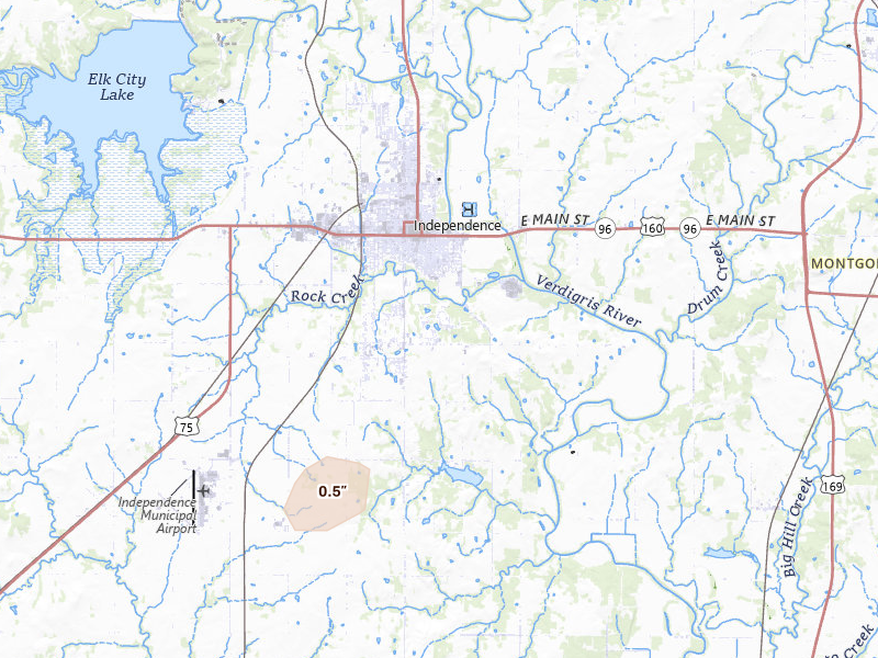 Radar-estimated hail-size map of the storm over Independence, KS on May 29, 2026