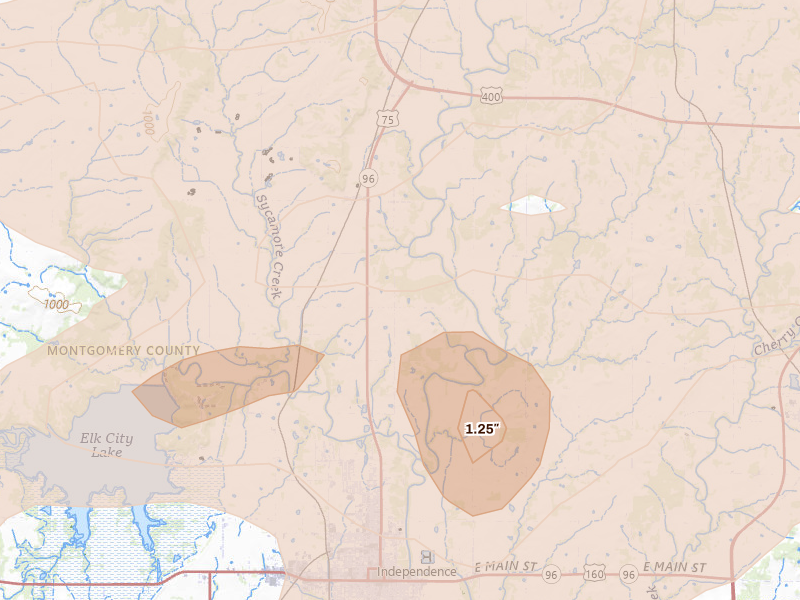 Radar-estimated hail-size map of the storm over Independence, KS on May 31, 2026