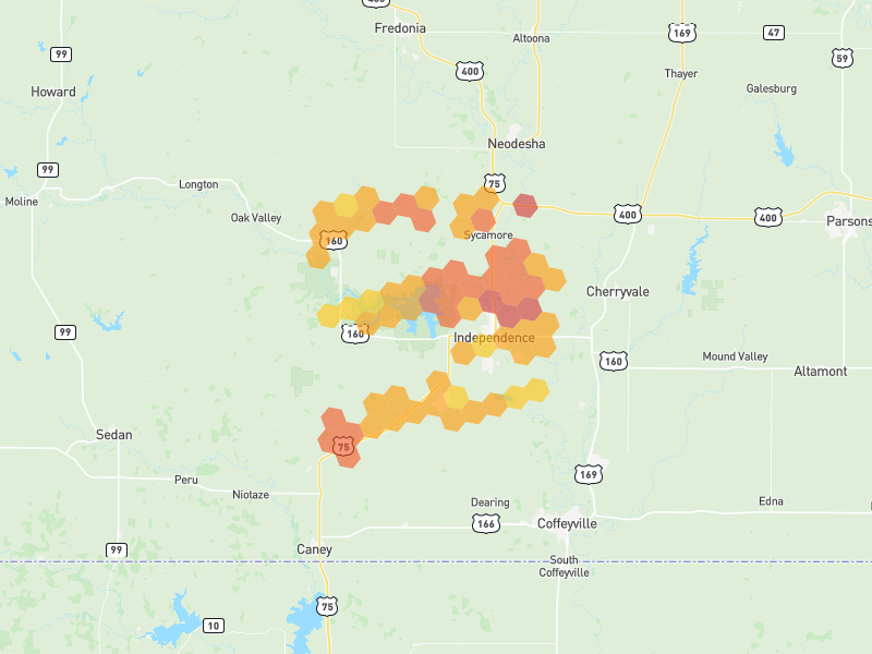 Hail map of Independence, KS on Jun 1, 2026, hail up to 2.25"