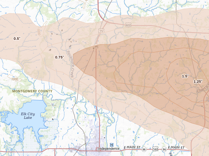 Radar-estimated hail-size map of the storm over Independence, KS on Jun 11, 2026