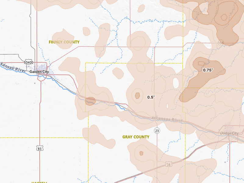 Radar-estimated hail-size map of the storm over Ingalls, KS on Jun 1, 2026