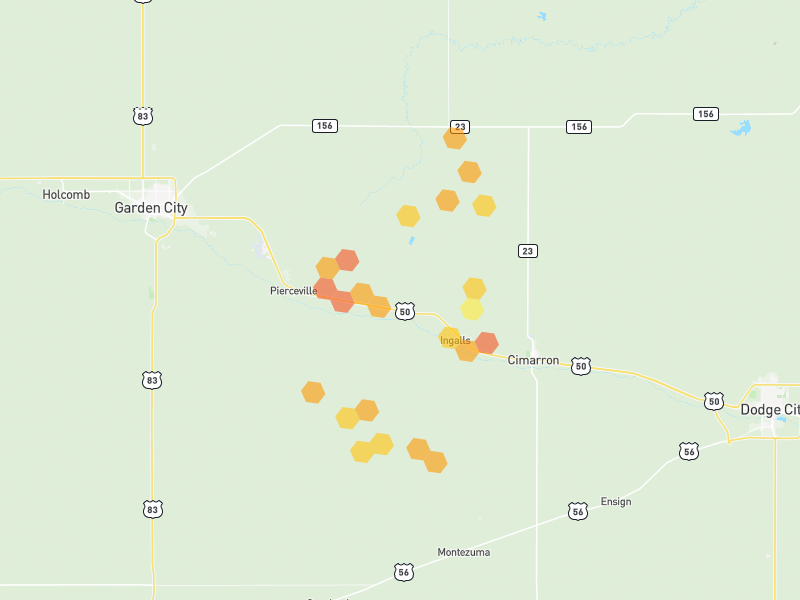 Hail map of Ingalls, KS on Jun 2, 2026, hail up to 1.5"