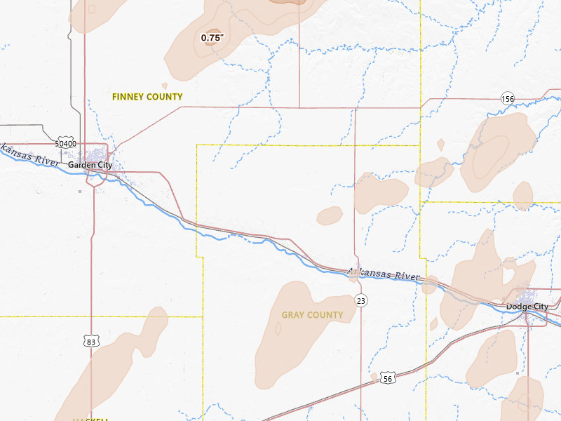 Radar-estimated hail-size map of the storm over Ingalls, KS on Jun 9, 2026