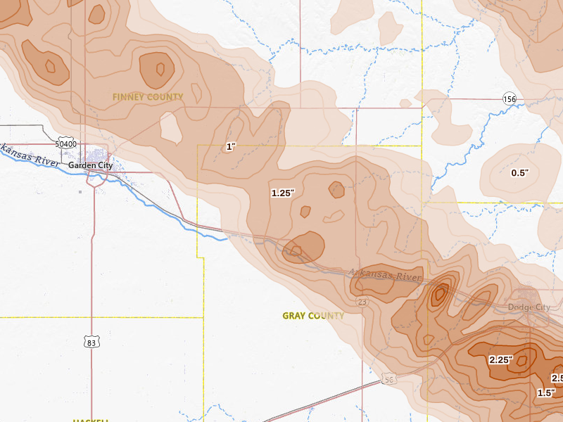 Radar-estimated hail-size map of the storm over Ingalls, KS on Jun 20, 2026