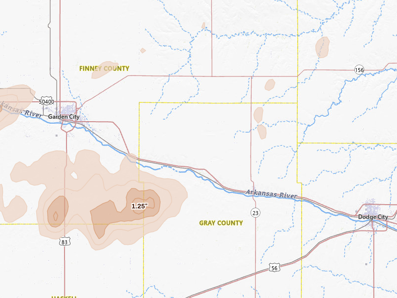 Radar-estimated hail-size map of the storm over Ingalls, KS on Jul 2, 2026