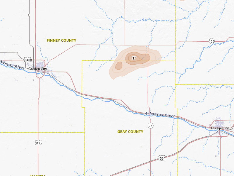 Radar-estimated hail-size map of the storm over Ingalls, KS on Jul 9, 2026