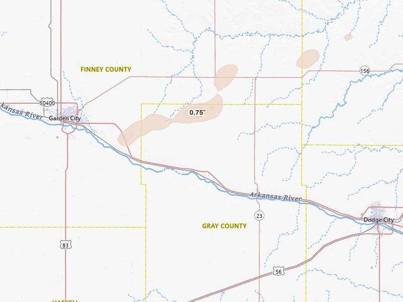Radar-estimated hail-size map of the storm over Ingalls, KS on Jul 10, 2026