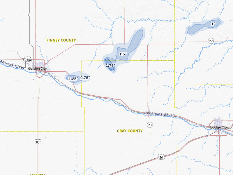 NEXRAD radar-signature map of the hail storm over Ingalls, KS on Jul 10, 2026