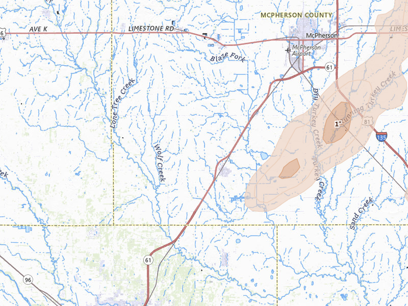 Radar-estimated hail-size map of the storm over Inman, KS on Apr 23, 2026