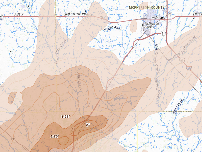 Radar-estimated hail-size map of the storm over Inman, KS on May 18, 2026