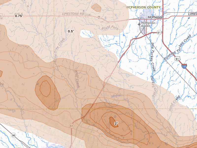 Radar-estimated hail-size map of the storm over Inman, KS on Jun 10, 2026