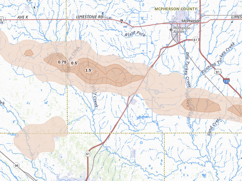 Radar-estimated hail-size map of the storm over Inman, KS on Jul 4, 2026