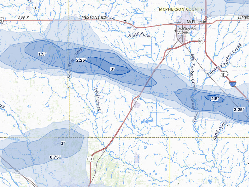 NEXRAD radar-signature map of the hail over Inman, KS