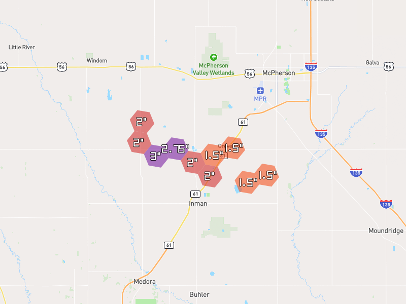 Hail map of Inman, KS on Jul 4, 2026, hail up to 3"