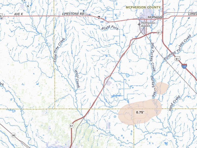 Radar-estimated hail-size map of the storm over Inman, KS on Jul 22, 2026
