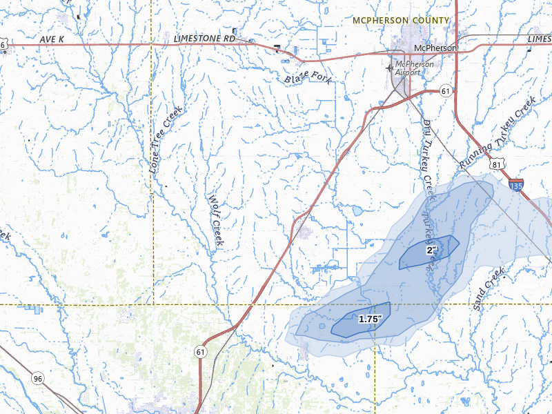NEXRAD radar-signature map of the hail storm over Inman, KS on Jul 22, 2026