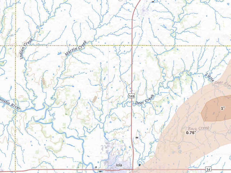 Radar-estimated hail-size map of the storm over Iola, KS on Apr 13, 2026