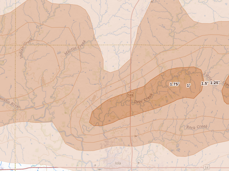 Radar-estimated hail-size map of the storm over Iola, KS on Apr 26, 2026