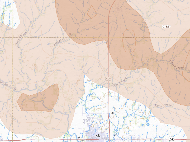 Radar-estimated hail-size map of the storm over Iola, KS on May 31, 2026