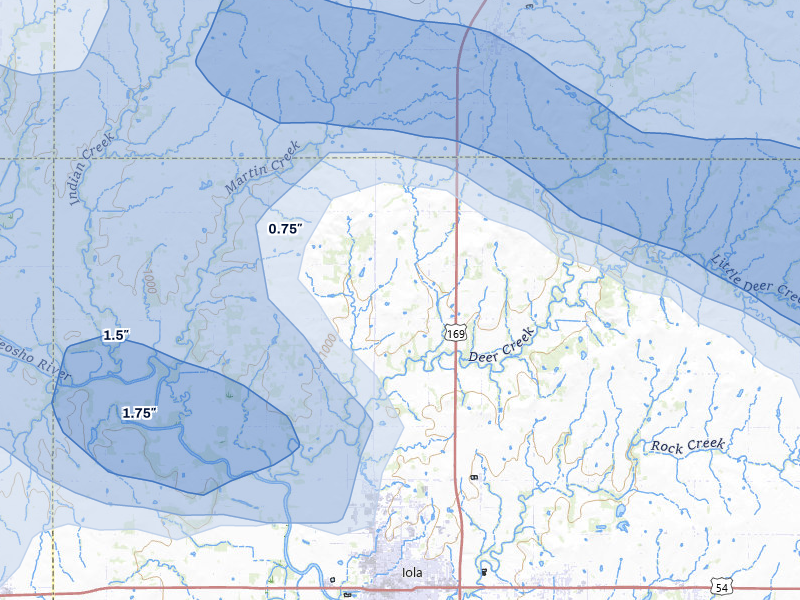 NEXRAD radar-signature map of the hail storm over Iola, KS on May 31, 2026