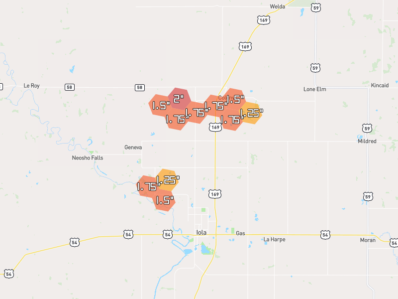 Hail map of Iola, KS on Jun 1, 2026, hail up to 2"