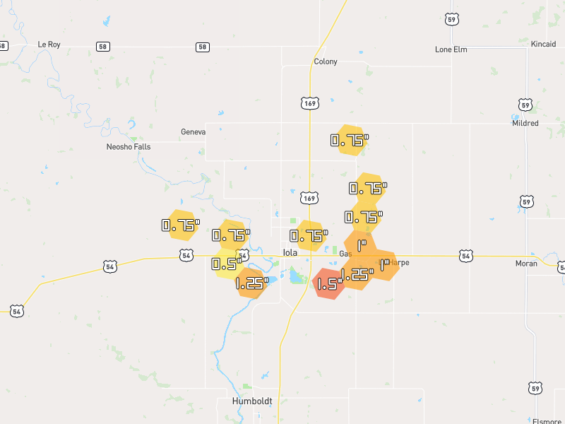Hail map of Iola, KS on Jun 9, 2026, hail up to 1.5"