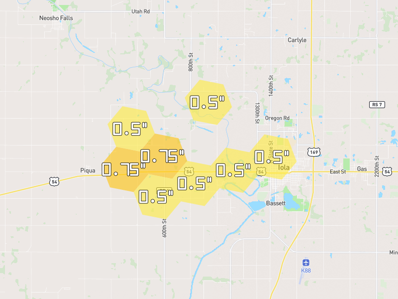 Hail map of Iola, KS on Jun 26, 2026, hail up to 0.75"