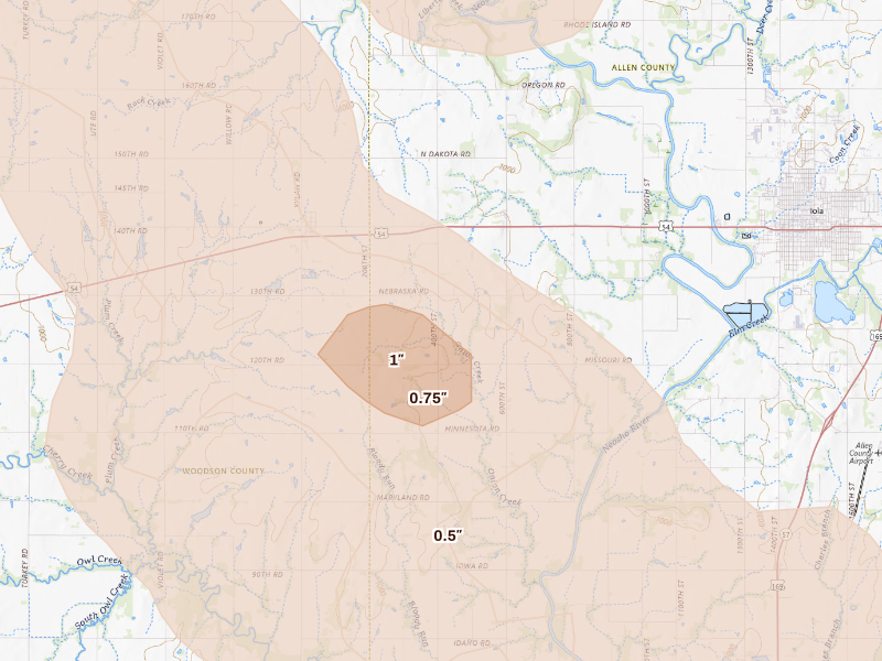 Radar-estimated hail-size map of the storm over Iola, KS on Sep 12, 2026
