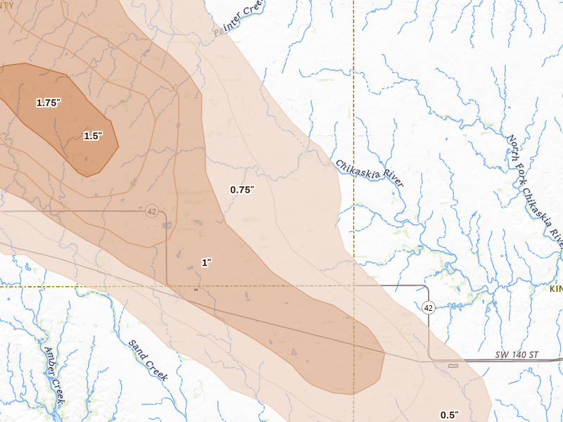 Radar-estimated hail-size map of the storm over Isabel, KS on Apr 25, 2026