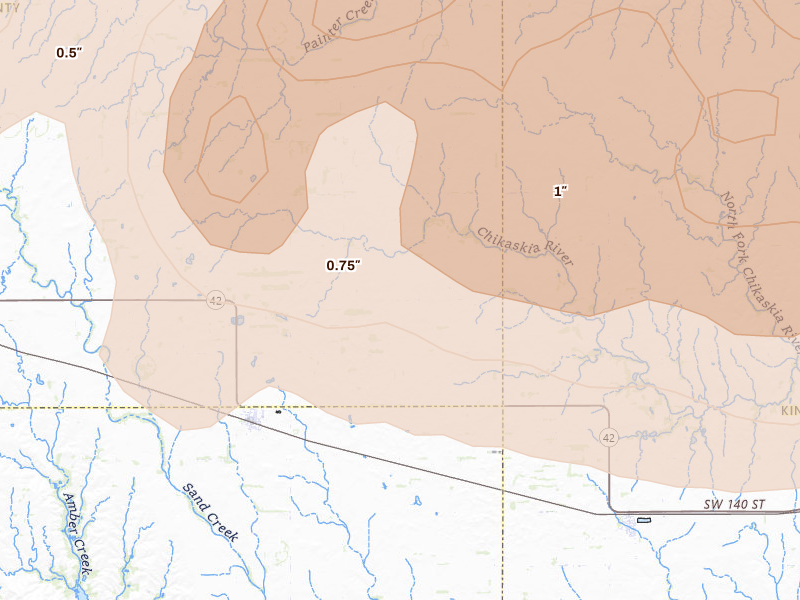 Radar-estimated hail-size map of the storm over Isabel, KS on May 18, 2026
