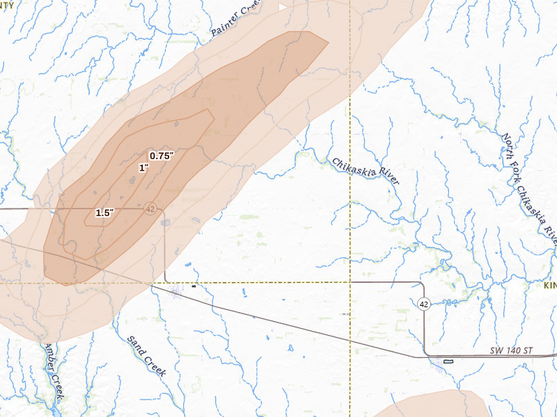 Radar-estimated hail-size map of the storm over Isabel, KS on May 29, 2026