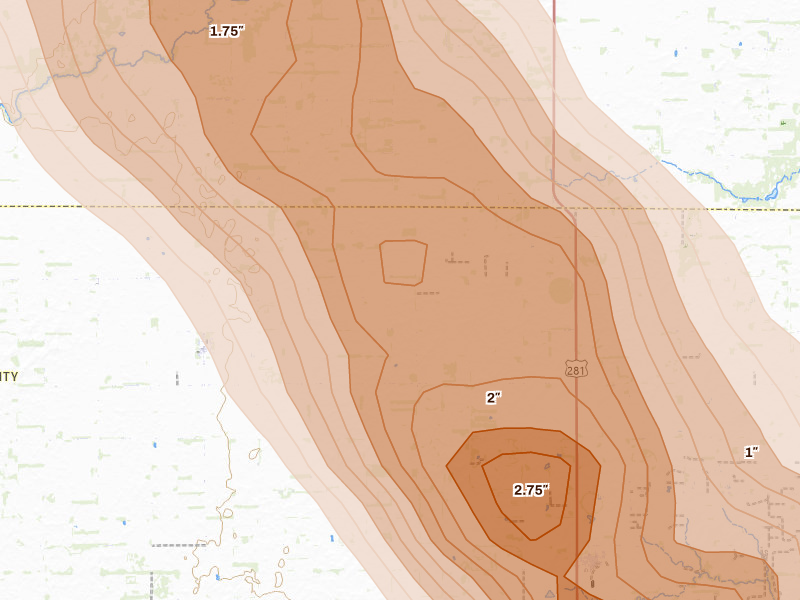 Radar-estimated hail-size map of the storm over Iuka, KS on Apr 25, 2026