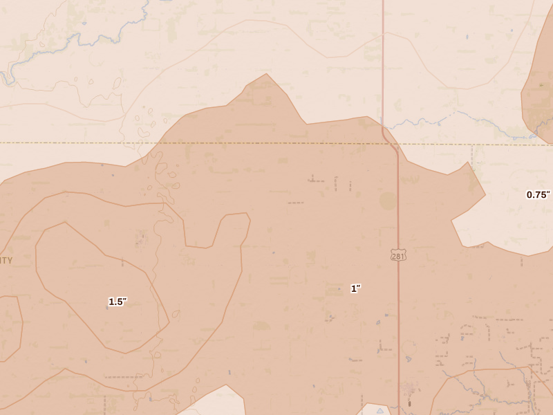 Radar-estimated hail-size map of the storm over Iuka, KS on May 18, 2026