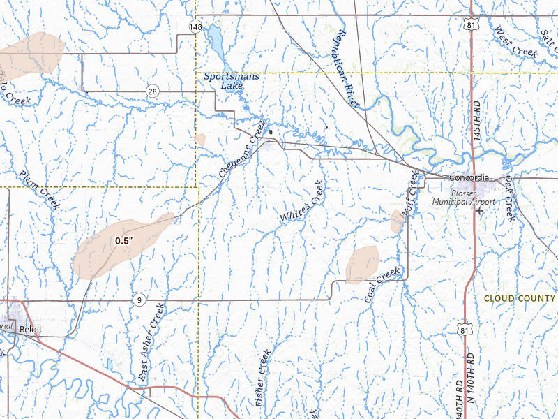 Radar-estimated hail-size map of the storm over Jamestown, KS on Apr 10, 2026