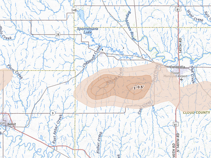 Radar-estimated hail-size map of the storm over Jamestown, KS on Apr 25, 2026