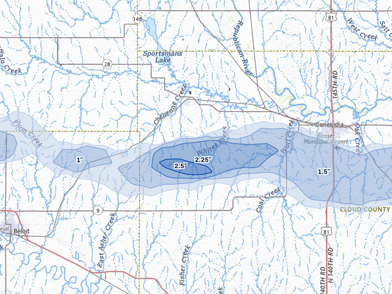 NEXRAD radar-signature map of the hail over Jamestown, KS