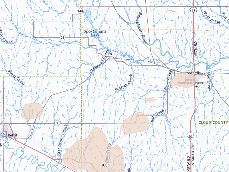 Radar-estimated hail-size map of the storm over Jamestown, KS on May 16, 2026