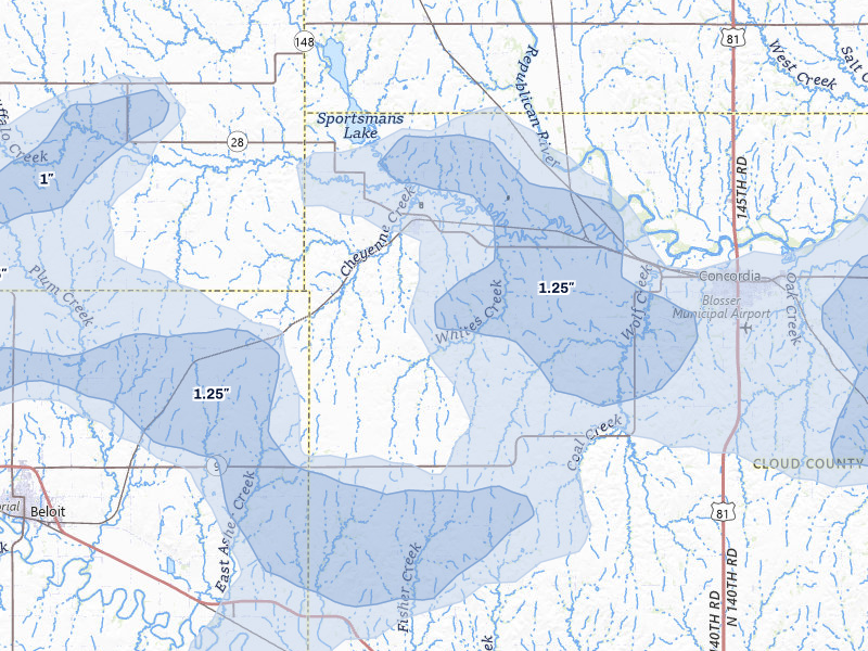 NEXRAD radar-signature map of the hail storm over Jamestown, KS on May 16, 2026