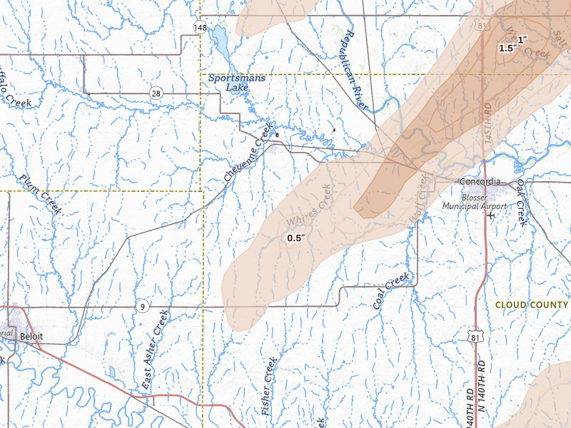 Radar-estimated hail-size map of the storm over Jamestown, KS on May 18, 2026