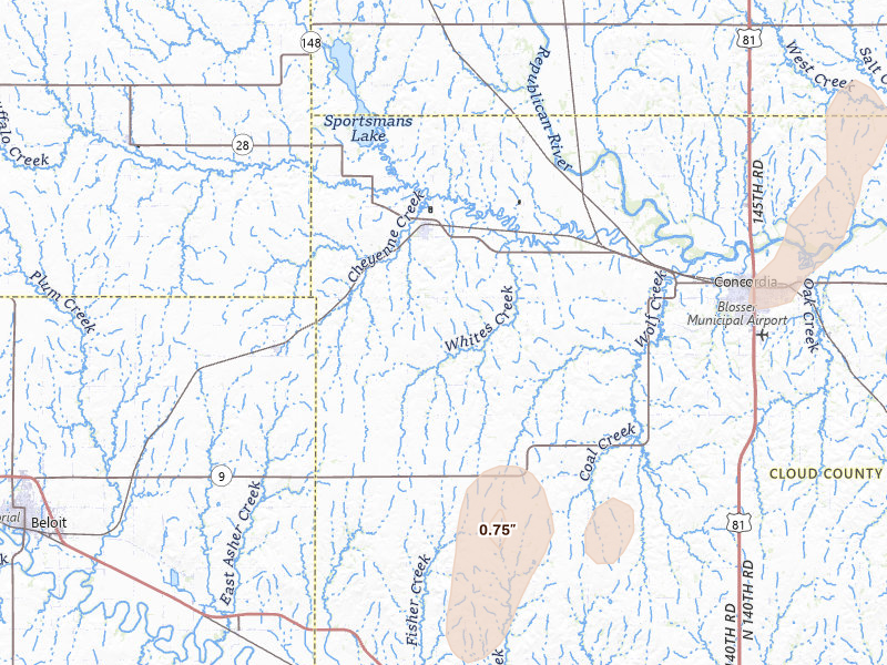Radar-estimated hail-size map of the storm over Jamestown, KS on May 29, 2026