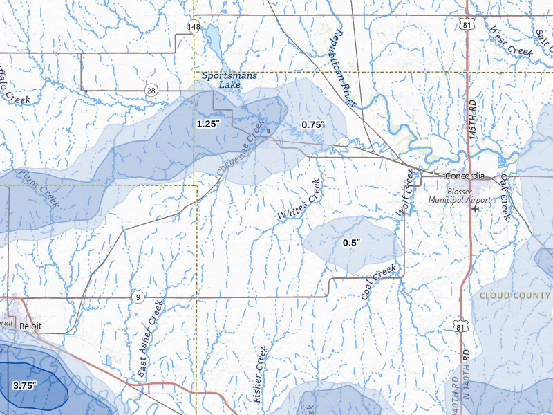 NEXRAD radar-signature map of the hail storm over Jamestown, KS on Jun 8, 2026