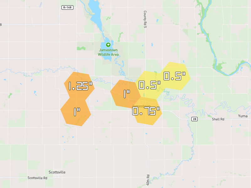 Hail map of Jamestown, KS on Jun 9, 2026, hail up to 1.25"