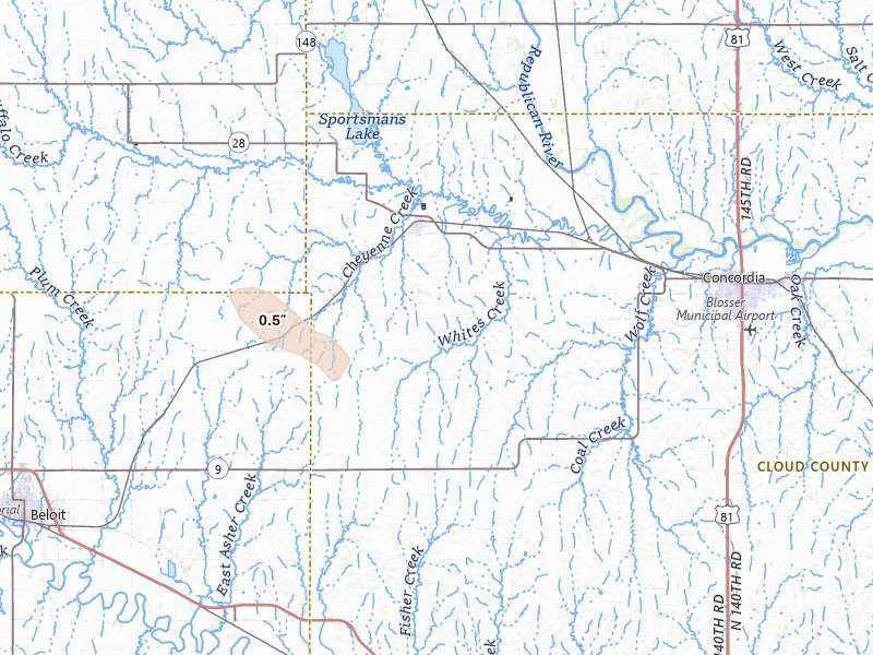 Radar-estimated hail-size map of the storm over Jamestown, KS on Jun 20, 2026