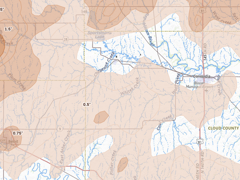 Radar-estimated hail-size map of the storm over Jamestown, KS on Jul 3, 2026