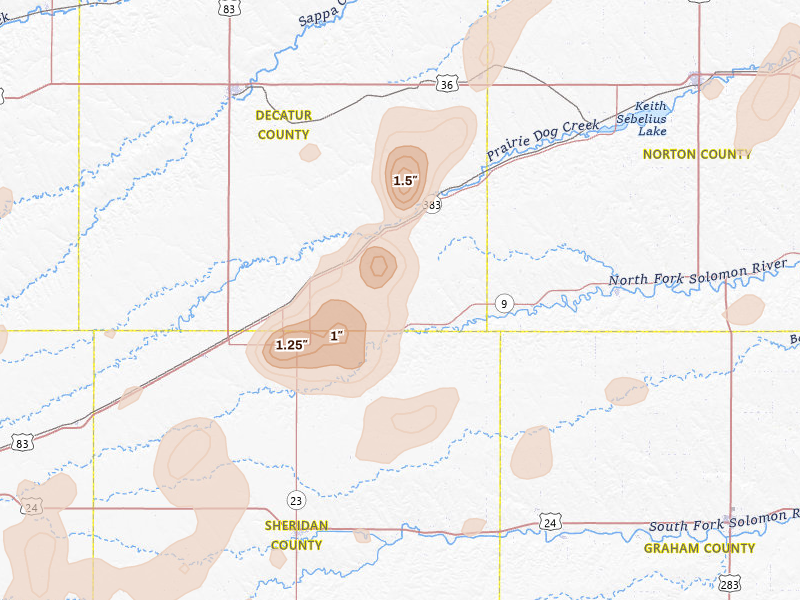 Radar-estimated hail-size map of the storm over Jennings, KS on Aug 13, 2026
